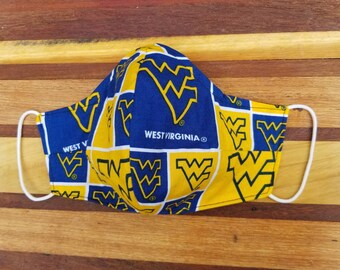 University of West Virginia mask, college mask, sports mask, fitted mask, reversible (wht or blk), nose wire, soft elastic, made in USA baby