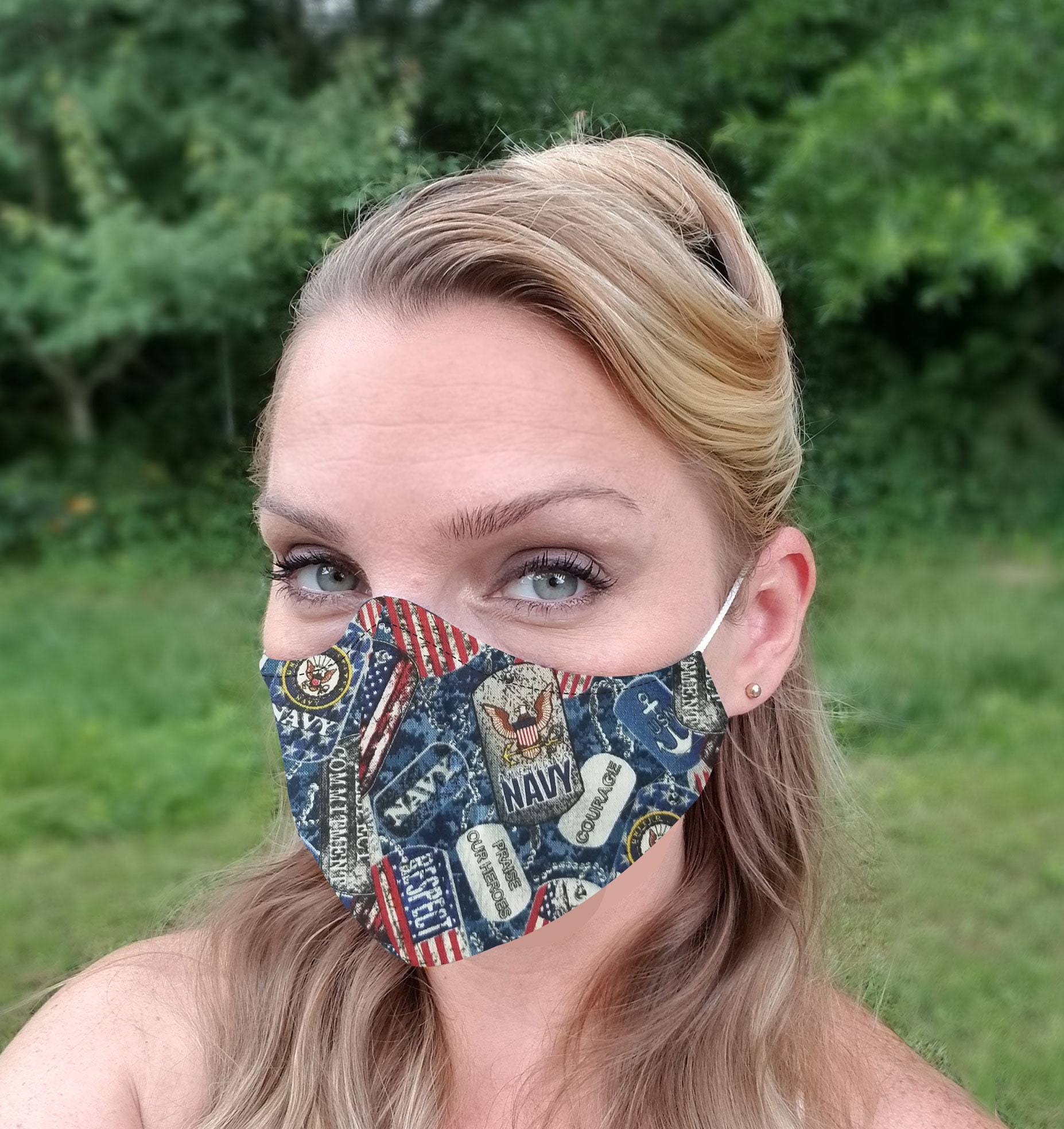 Navy facemask, fitted mask, pretty mask, colorful mask, double sided (txt gray), nose wire, soft elastic, made in USA baby