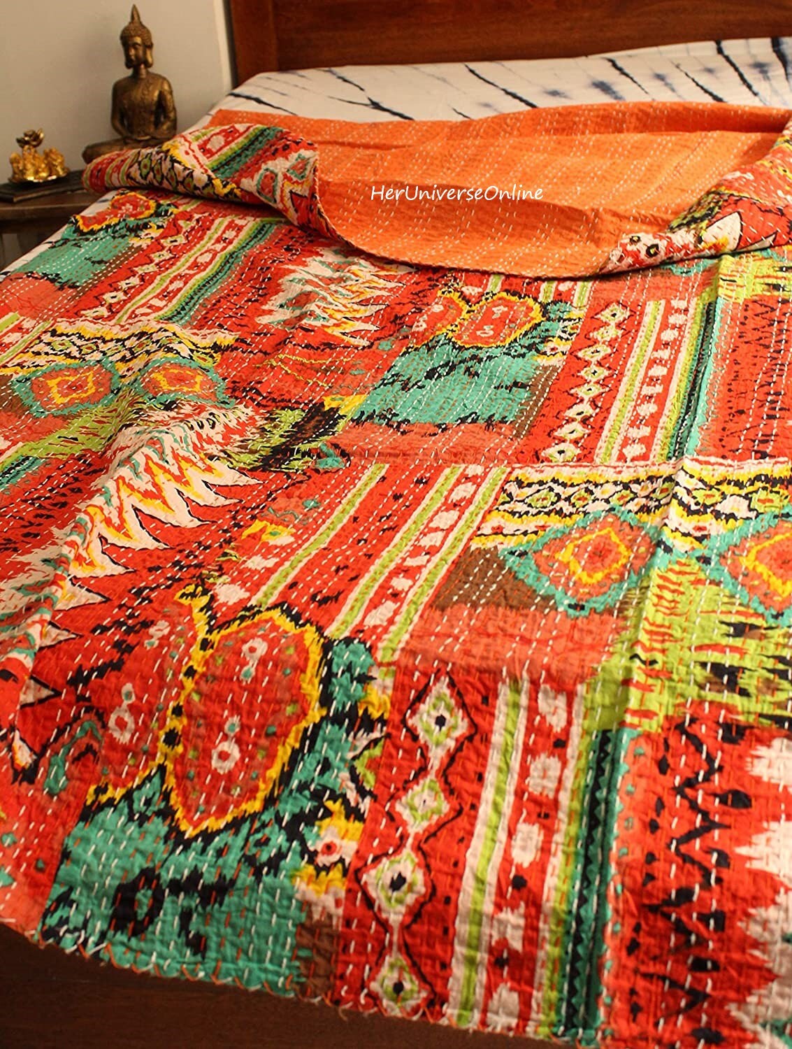 Ikat Print Indian Kantha Quilt Handmade Kantha Bedcover Throw Etsy