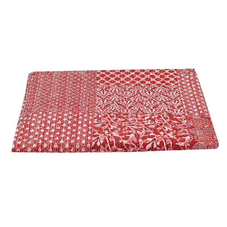 Indian Hand Block Printed Cotton Kantha Quilt 90x108 Inches