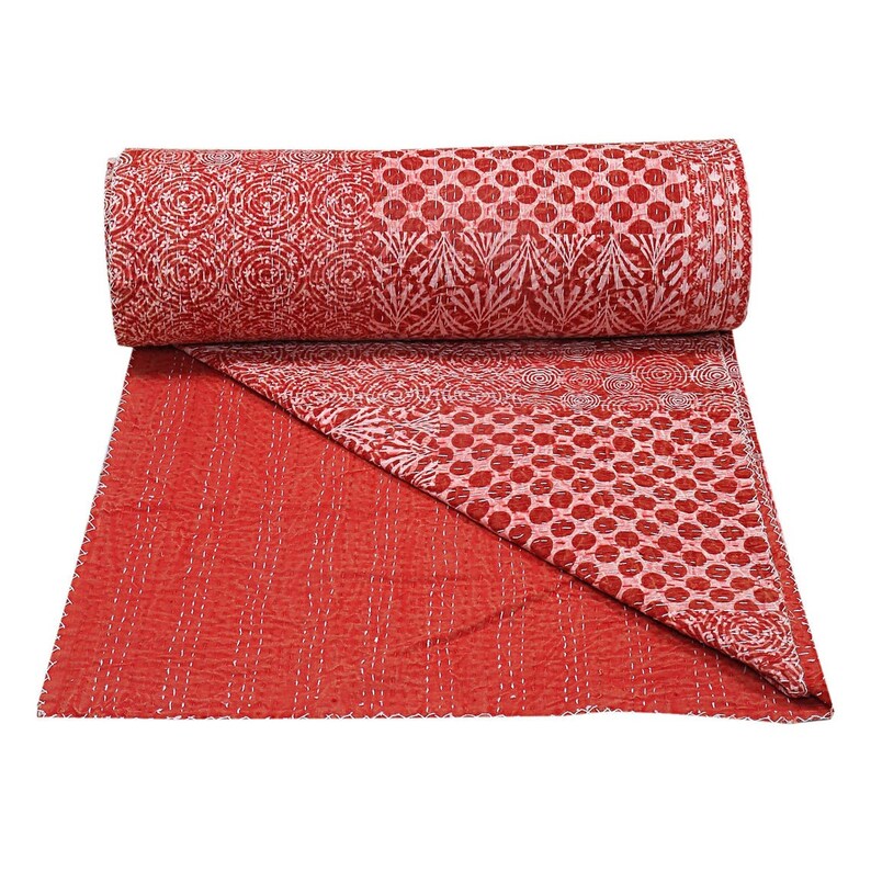 Indian Hand Block Printed Cotton Kantha Quilt 90x108 Inches