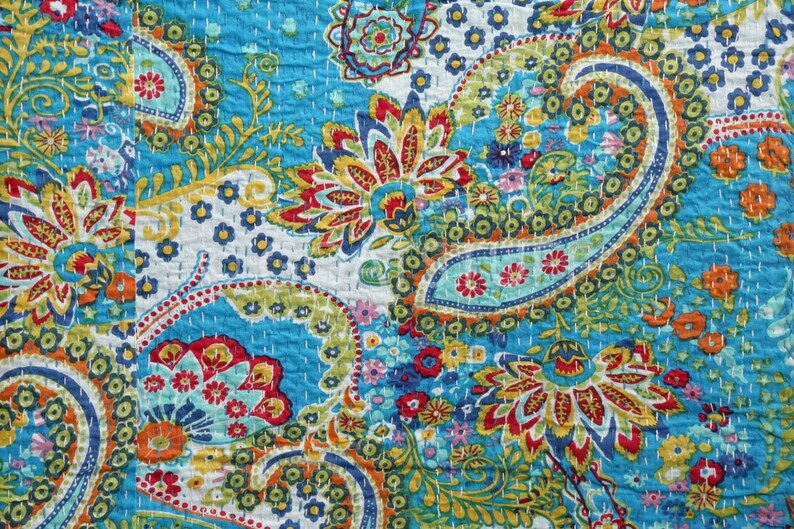 Indian Handmade Turquoise Paisley Design Kantha Quilt Cotton Kantha Blanket Hand Stitched Kantha Bedspread Bohemian Kantha Beach Throw