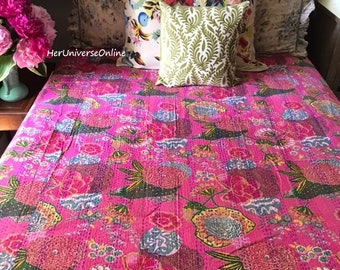 Indian Handmade Pink Fruit Queen Size Reversible Kantha Quilt Ethnic Bedspread Indian Handmade Pink Fruit Queen Size Reversible Kantha Quilt Ethnic Bedspread