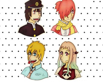 May include: Four colorful anime-style character stickers. The top left character wears a black uniform and hat. The top right character has red hair and a yellow scarf. The bottom left character has blonde hair and a blue shirt. The bottom right character has pink and green hair. The text "The mae artist" is at the top.