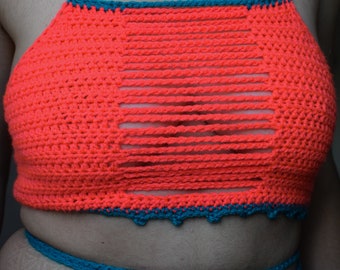 Haut dos nu au crochet, haut court fluo, haut court d'été, haut en velours festival, vêtement fait main, mode équitable, haut d'été tricoté, haut esthétique