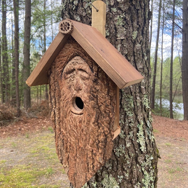 Hand carved Woodspirit Rustic Wood Birdhouse with Walnut Cross section