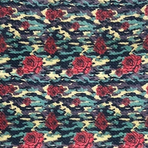 Half Yard of Camouflage with Roses Print Bullet Textured Liverpool Fabric | Half Yard 18” x 55” | Cuts are NOT continuous