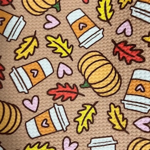 Pumpkins and Coffee Printed Bullet Textured Liverpool Fabric | Half Yard 18” x 54” | Cuts are NOT continuous.