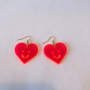 Neon Pink Happy Face Heart Earrings