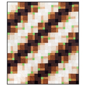Könnte beinhalten: Eine Steppdecke mit einem geometrischen Muster aus braunen, beigefarbenen und grünen Quadraten. Die Quadrate sind diagonal angeordnet und erzeugen so ein Gefühl von Bewegung.