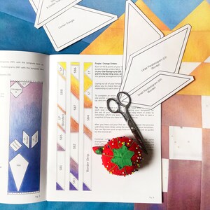 Op de afbeelding: Een close-up van een quiltpatroonhandleiding met instructies voor het snijden en in elkaar zetten van een quilt. De handleiding bevat verschillende vormen, waaronder driehoeken, vierkanten en parallellogrammen. De handleiding bevat ook een kleurenkaart voor de verschillende stoffen die in de quilt worden gebruikt.