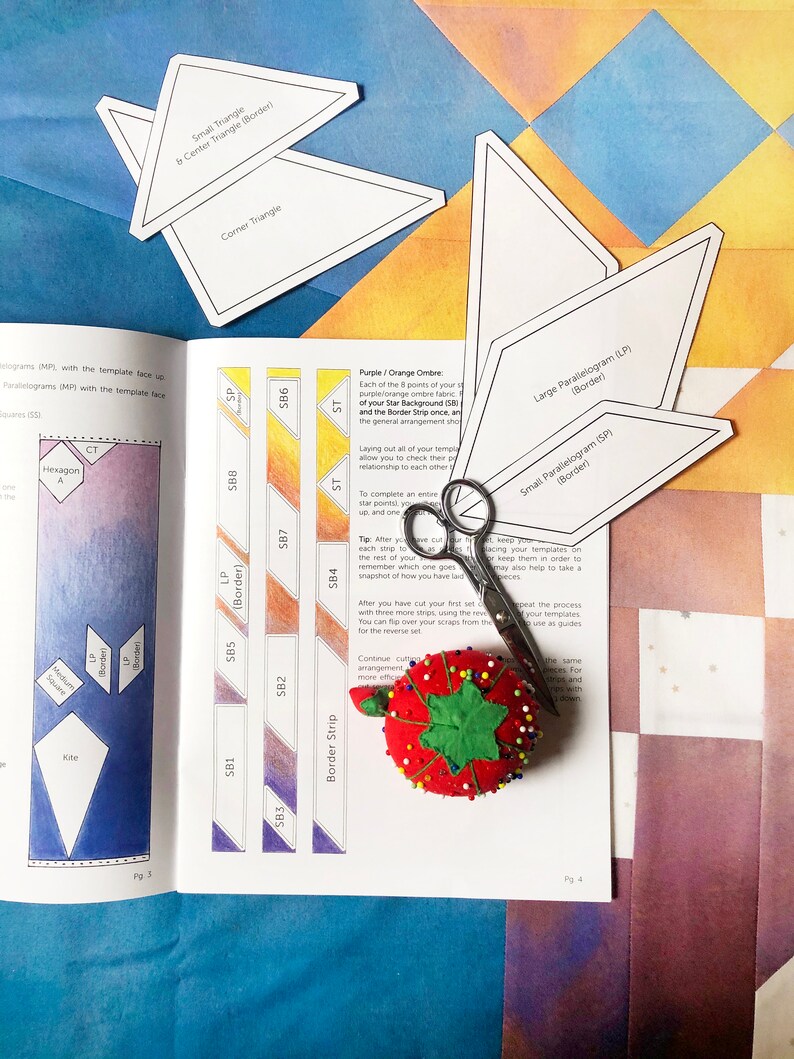 Op de afbeelding: Een close-up van een quiltpatroonhandleiding met instructies voor het snijden en in elkaar zetten van een quilt. De handleiding bevat verschillende vormen, waaronder driehoeken, vierkanten en parallellogrammen. De handleiding bevat ook een kleurenkaart voor de verschillende stoffen die in de quilt worden gebruikt.