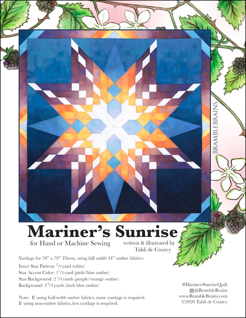 Op de afbeelding: Een kleurrijk quiltpatroon genaamd "Mariner's Sunrise" voor hand- of machinaal naaien. Het patroon heeft een grote ster met ombre-stoffen in tinten paars, oranje, roze, blauw en wit. De quilt is ontworpen voor een deken van 178 cm x 178 cm.