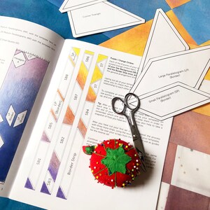 Op de afbeelding: Een close-up van een pagina uit een quiltpatroonboek met instructies voor het knippen van stofstroken. De pagina bevat een kleurenkaart met verschillende tinten paars, oranje en geel. De pagina bevat ook een diagram van de verschillende vormen die nodig zijn voor de quilt, waaronder een zeshoek, een kleine driehoek, een groot parallellogram en een klein parallellogram. De pagina bevat ook een naaldenkussen met een rood en groen aardbeidesontwerp.