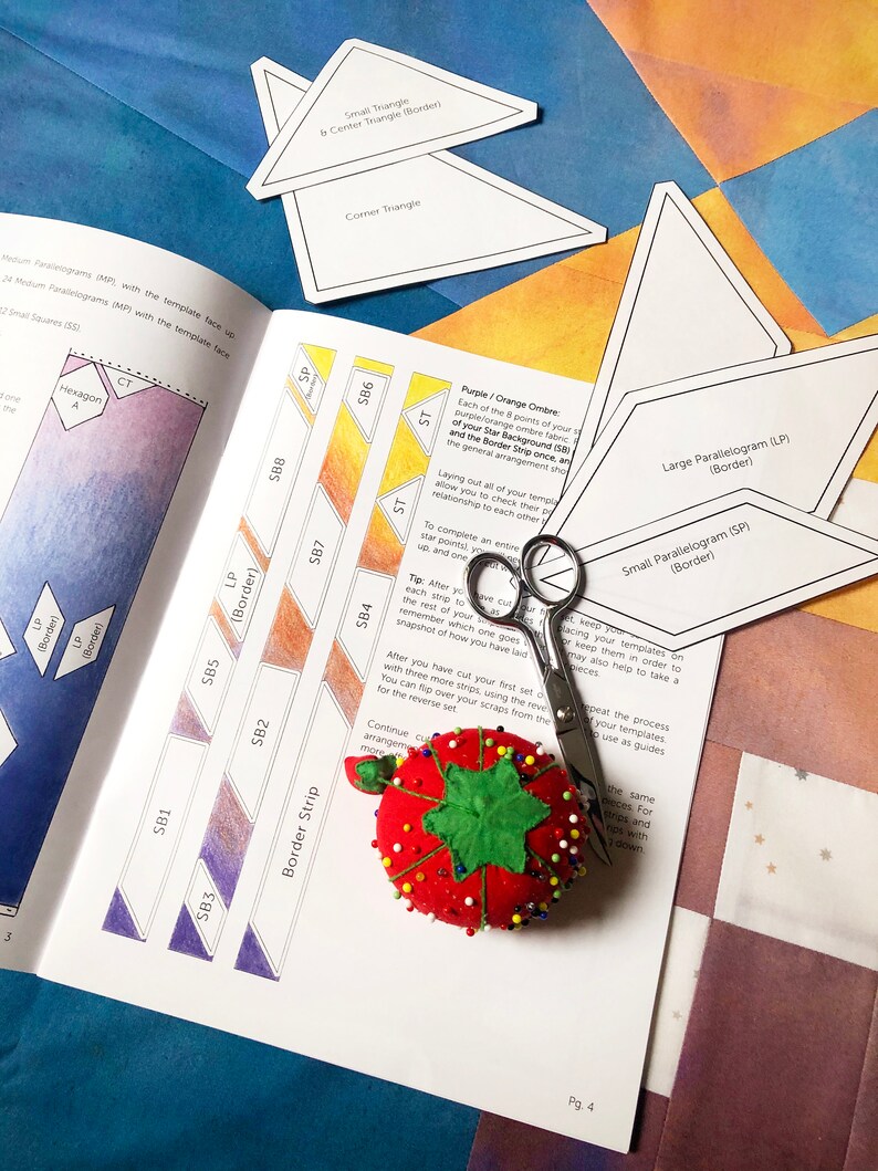Op de afbeelding: Een close-up van een pagina uit een quiltpatroonboek met instructies voor het knippen van stofstroken. De pagina bevat een kleurenkaart met verschillende tinten paars, oranje en geel. De pagina bevat ook een diagram van de verschillende vormen die nodig zijn voor de quilt, waaronder een zeshoek, een kleine driehoek, een groot parallellogram en een klein parallellogram. De pagina bevat ook een naaldenkussen met een rood en groen aardbeidesontwerp.