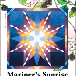 Op de afbeelding: Een quiltpatroon genaamd "Mariner's Sunrise" voor hand- of machinaal naaien. Het patroon heeft een kleurrijk stervormig ontwerp met tinten blauw, oranje, geel en wit.