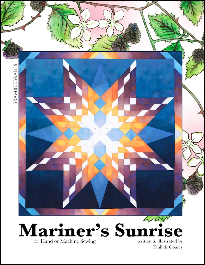 Op de afbeelding: Een quiltpatroon genaamd "Mariner's Sunrise" voor hand- of machinaal naaien. Het patroon heeft een kleurrijk stervormig ontwerp met tinten blauw, oranje, geel en wit.