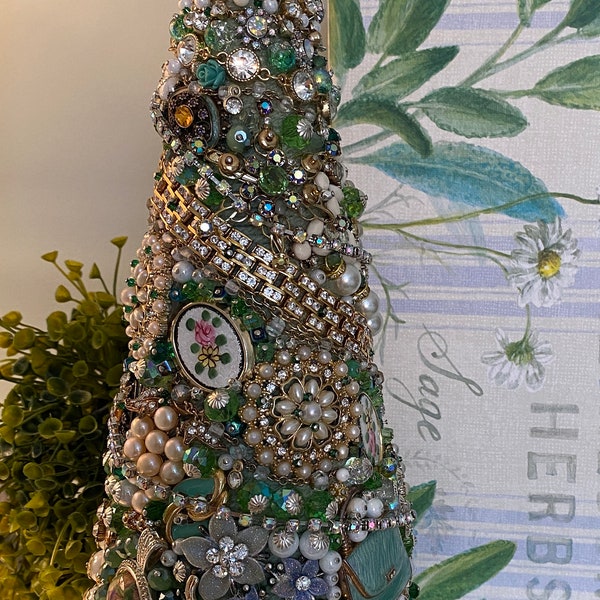 Jeweled Tree, Unique Gift, Spring Green, Vintage, St. Patrick's, March Birthday, Green Bling, Shabby Chic, Easter Decoration