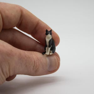 Könnte beinhalten: Eine Miniaturfigur einer Tuxedo-Katze mit schwarz-weißem Fell, die in einer sitzenden Position dargestellt ist. Die kleine Katze hat eine weiße Brust, weiße Gesichtsmarkierungen sowie schwarze Ohren, einen schwarzen Rücken und Schwanz.