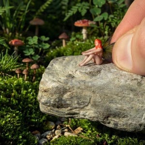 May include: A tiny fairy with red hair and green wings sits on a grey rock. The fairy is in a natural outdoor setting with green moss, small mushrooms, and other plants. The scene is a whimsical, fantasy-themed miniature.