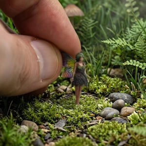 May include: A miniature fairy figurine with green hair, a dark green dress, and colorful wings. The fairy is standing in a miniature garden setting with moss, rocks, and ferns. A finger is holding the fairy's wing.