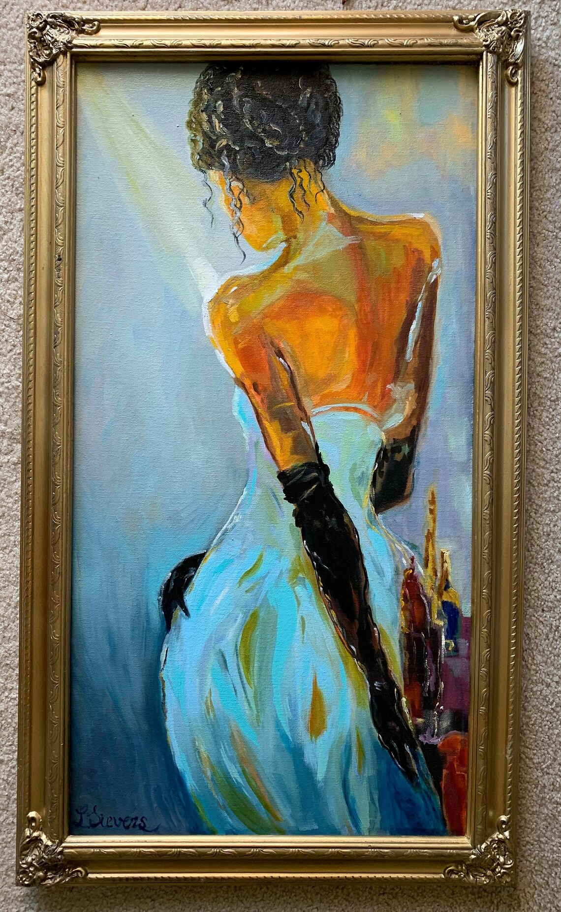 Lady in black gloves. Original abstract palette knife Etsy