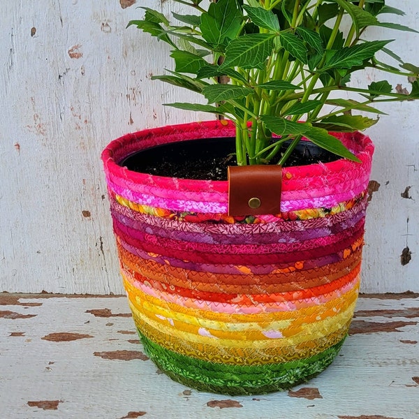 Fabric Scrap Bucket - {Zinnia} - Plant Pot Cover, Fabric Rope Bowl, Fabric Basket, Vibrant Home Decor, Summer Decor, Plant Pot, Plant Bucket