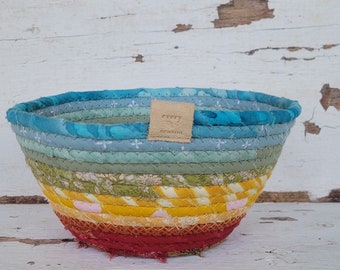 Fabric Scrap Bowl - {Autumn Sunrise} - Fall Decor, Fall Basket, Coiled Rope Bowl, Fabric Basket, Rope Bowl, Coiled Clothesline, Autumn Decor