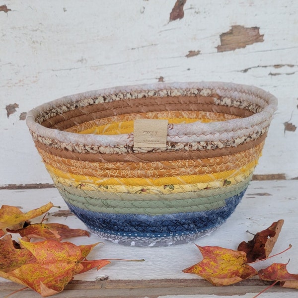 Fabric Scrap Bowl - {Frosty Dawn} - Fall Decor, Fall Basket, Coiled Rope Bowl, Fabric Basket, Rope Bowl, Coiled Clothesline, Autumn Decor