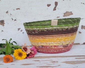 Fabric Scrap Bowl - {Autumn Garden} - Fall Decor, Fall Basket, Coiled Rope Bowl, Fabric Basket, Rope Bowl, Coiled Clothesline, Fruit Bowl