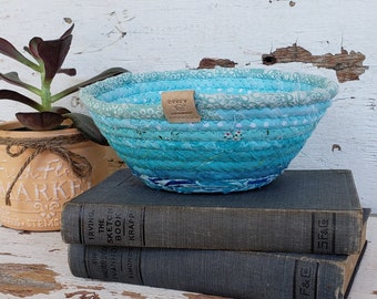 Fabric Scrap Bowl - {Tidal Wave} - Colorful Decor, Fabric Basket, Coiled Rope Bowl, Rope Basket, Coiled Clothesline, Catchall, Jewelry Dish