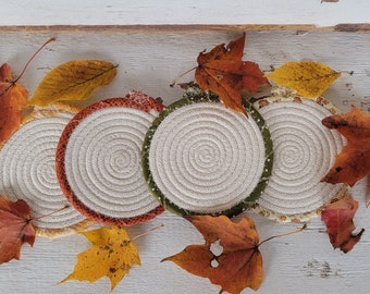 Coiled Clothesline Coasters - {Pumpkin Spice} - Coiled Rope Coasters, Set of Four Coasters, Rope Coasters, Fall Decor, Autumn Coasters