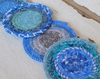 Fabric Scrap Coasters - {Caelum} - Coiled Rope Coasters, Set of Four Coasters, Fabric Coasters, Rope Coasters, Home Decor, Gifts