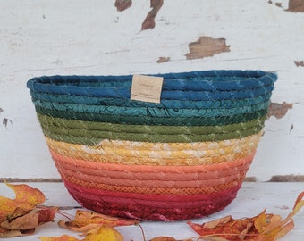 Fabric Scrap Bowl - {Flaming Sunset} - Fall Decor, Fall Basket, Coiled Rope Bowl, Fabric Basket, Rope Bowl, Coiled Clothesline, Fruit Bowl