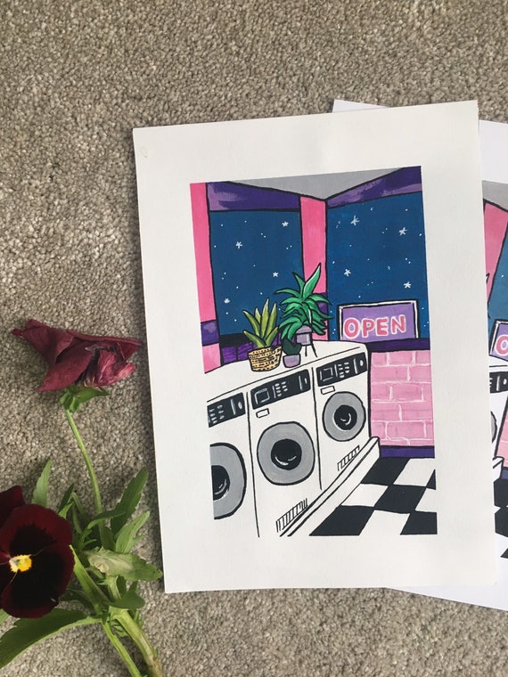 Vibey Room Painting / Pink Laundrette Acrylic Painting / Cool Etsy