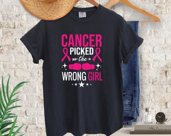 Cancer picked the wrong girl, stronger than cancer, breast cancer warrior shirt, pink boxing gloves shirt, cancer awareness shirt, cancer