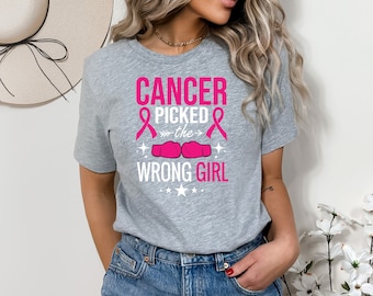 Cancer picked the wrong girl, stronger than cancer, breast cancer warrior shirt, pink boxing gloves shirt, cancer awareness shirt, cancer