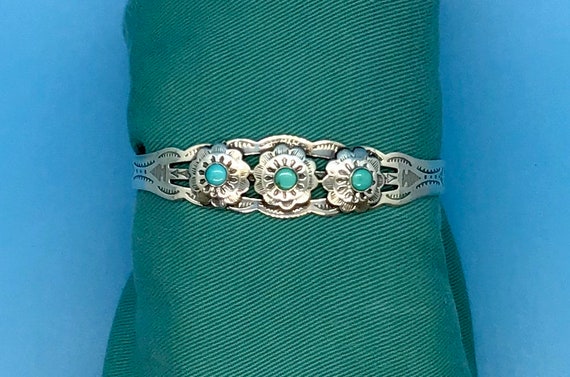 Sterling Silver Turquoise Cuff Flowers Navajo