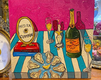 Maximalist Tablescape, Champagne Acrylic Painting, Press For Champagne, Textured Acrylic Painting, Original Painting, Pink Stripes Painting