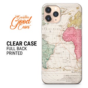 May include: A clear phone case with a full back print of an antique world map. The map is in shades of green, pink, and brown with text in French. The text on the map reads "Carte G&eacute;n&eacute;rale de Mapp&eacute;monde".