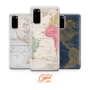 May include: Three phone cases with different vintage world map designs. The first case features a light brown map with a focus on the Americas. The second case features a light brown map with a focus on Europe, Africa, and Asia. The third case features a dark blue map with a focus on the Americas.