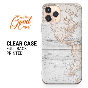 May include: A clear phone case with a full back print of an antique world map. The map is in shades of brown and white with gold accents. The case is compatible with iPhone models.