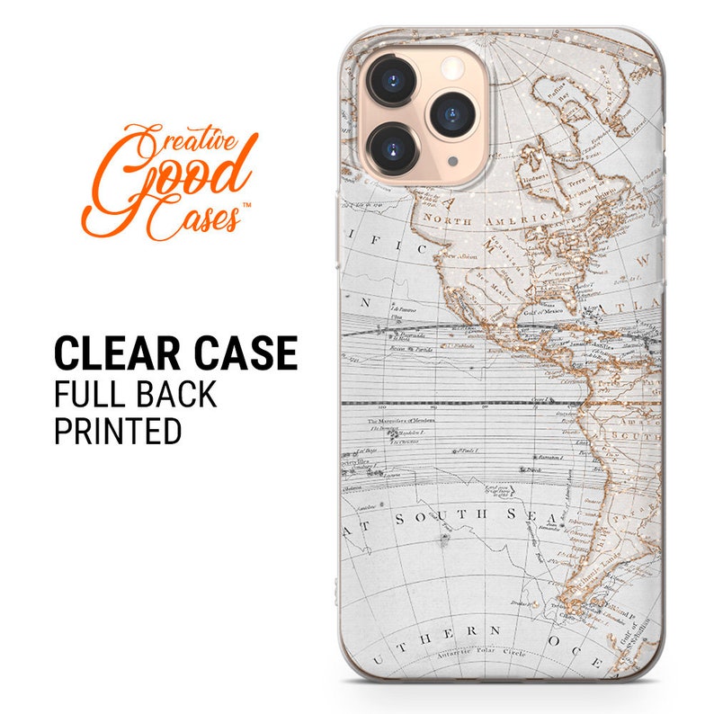 May include: A clear phone case with a full back print of an antique world map. The map is in shades of brown and white with gold accents. The case is compatible with iPhone models.