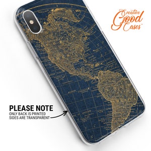 May include: A clear phone case with a vintage world map design. The map is printed in gold on a dark blue background. The case is designed for a smartphone with a camera cutout on the back.