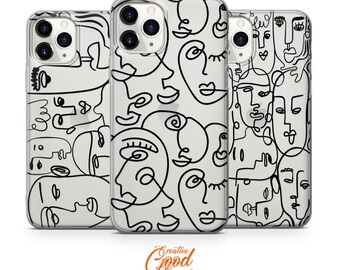 May include: Three clear phone cases with a black and white abstract design of faces. The design is made up of simple lines and curves. The cases are for iPhones.