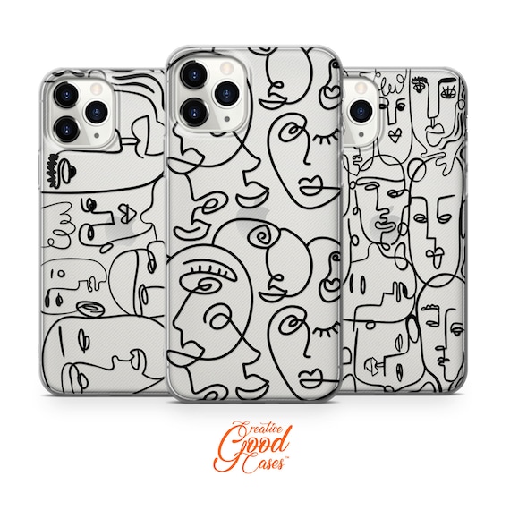 One Line Art Phone Case: Abstract Faces, Clear TPU Cover