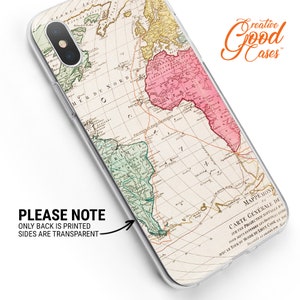 May include: A vintage world map printed on a clear phone case. The map is in shades of pink, green, yellow, and brown. The case is designed for a smartphone with a camera cutout in the top left corner. The text "Creative Good Cases" is printed in the top right corner. The text "PLEASE NOTE ONLY BACK IS PRINTED SIDES ARE TRANSPARENT" is printed on the left side of the image.