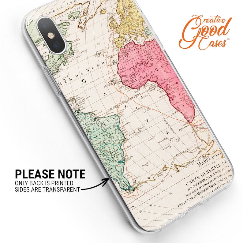 May include: A vintage world map printed on a clear phone case. The map is in shades of pink, green, yellow, and brown. The case is designed for a smartphone with a camera cutout in the top left corner. The text "Creative Good Cases" is printed in the top right corner. The text "PLEASE NOTE ONLY BACK IS PRINTED SIDES ARE TRANSPARENT" is printed on the left side of the image.