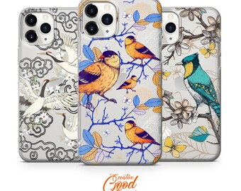 Capa de celular com estampa de pássaro japonês: capa transparente de TPU