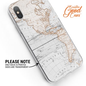 May include: A clear phone case with a vintage world map design printed on the back. The map is in shades of brown and white with gold accents. The case is compatible with iPhone models.